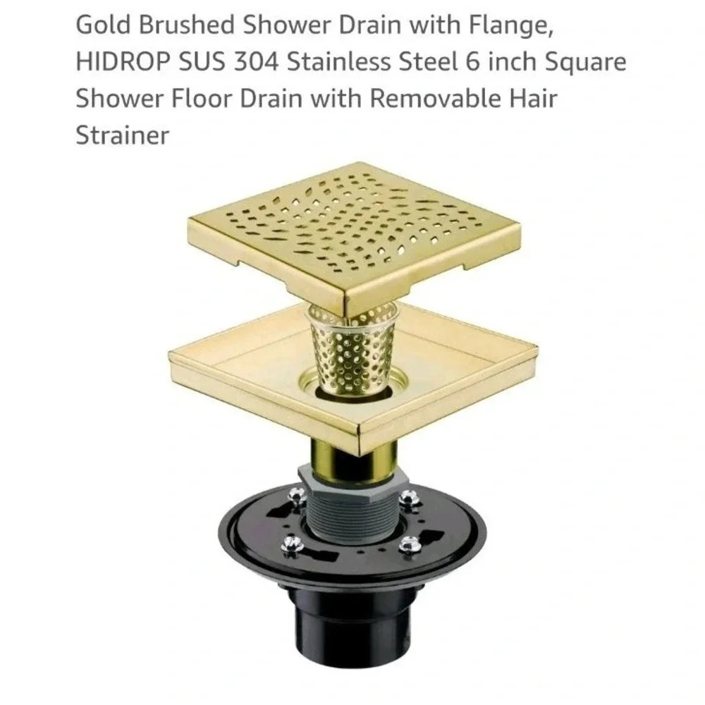 Gold Brushed Shower Drain with Flange  SUS 304 Stainless Steel 6 Inch Square Sh
